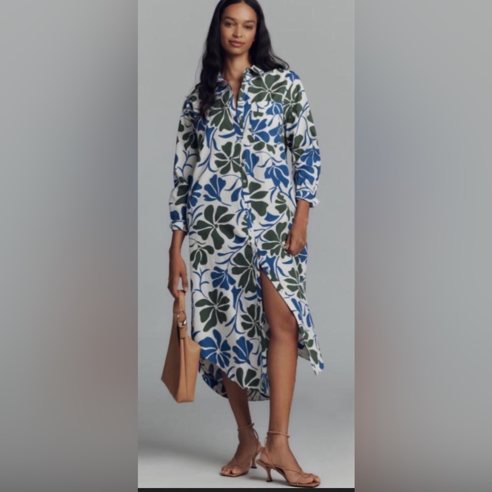 Anthropologie Maeve Soren Long Sleeve Green & Blue Floral Shirt Dress Size Large